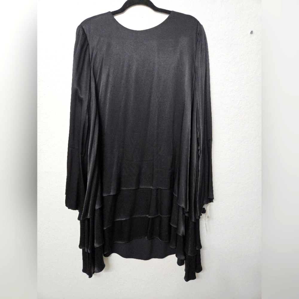 Gianni Bini Black Satin Tiered Swing Bella Dress W/ Tie Sleeves SZ Large flowey
